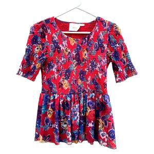 Anthropologie Maeve Ashton Floral Top Smocked Stretchy Bodice Peplum Women's XS